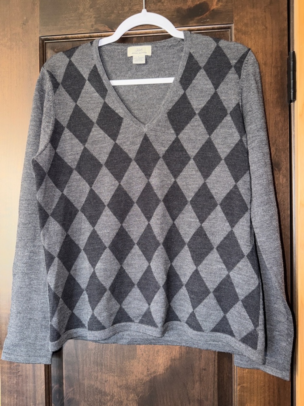 346 Brooks Brothers Gray Argyle V-Neck Sweater Women‎ L Merino Wool